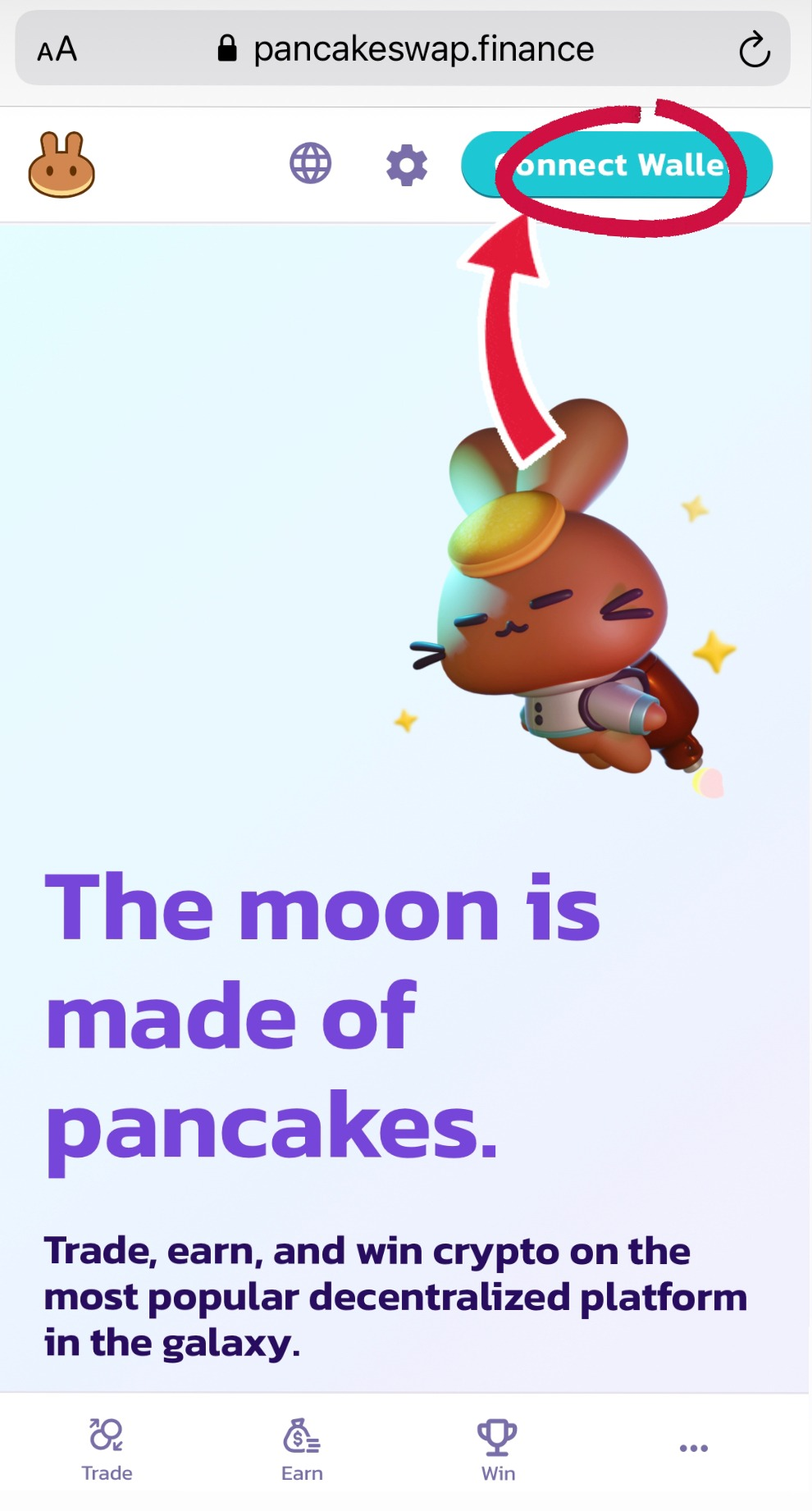 The next step is to connect our wallet to the pancake swap, click  "Connect wallet"