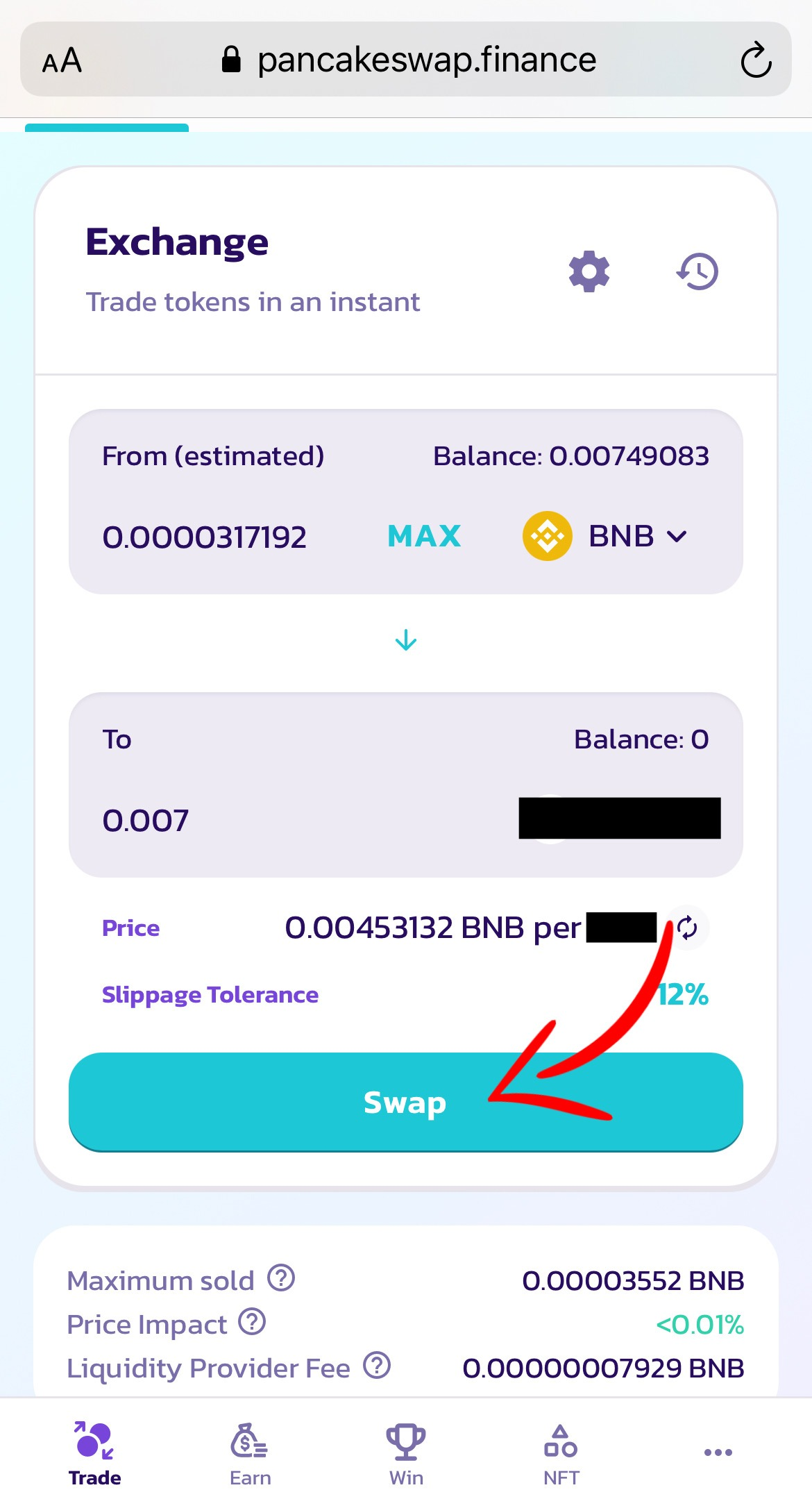 Select the amount and press the "swap" button