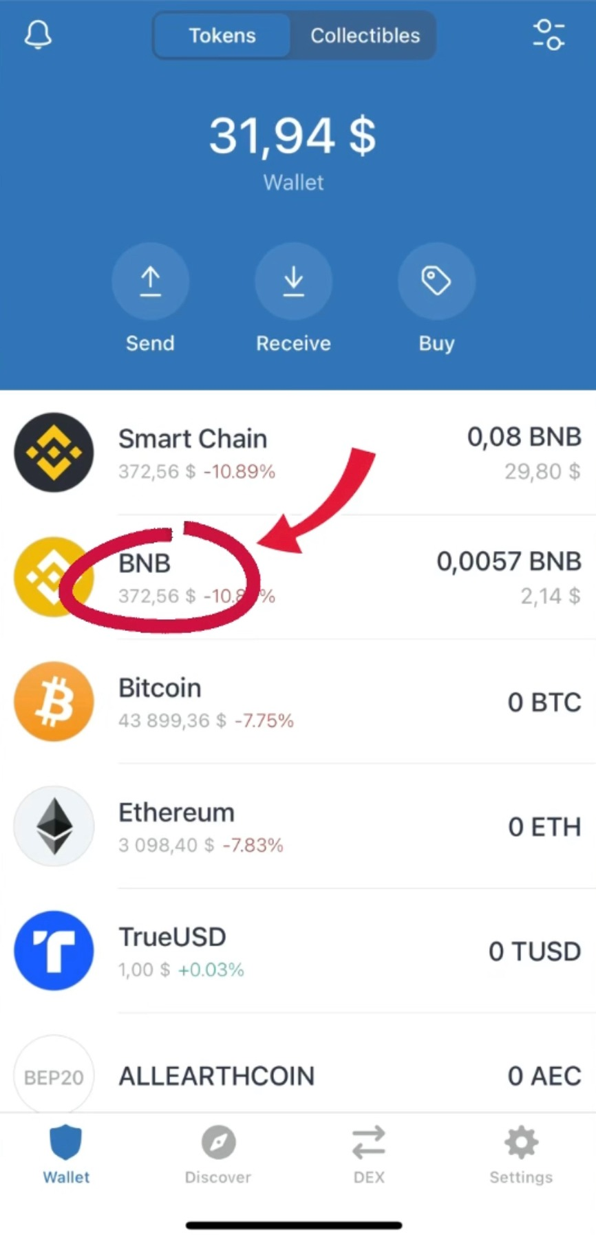 Select and click 'BNB' coin