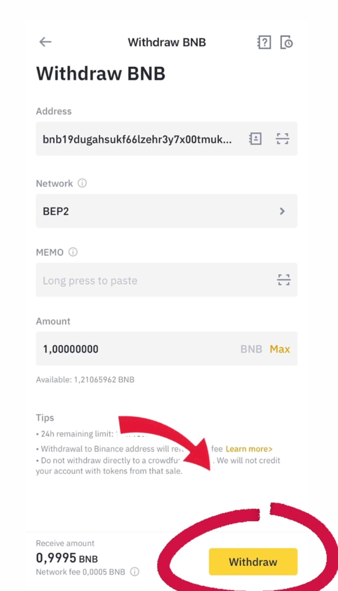 Insert the address which we copied in the Trust Wallet, select Network "BEP2", specify the sum and click "Withdraw"